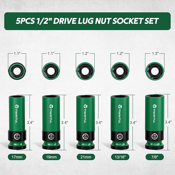 1/2" Wheel Protector Impact Socket Set, 5Pcs Non-Marring Lug Nut Socket Set, CR-MO Steel, 6-Point Thin Wall Deep Socket Set, Color-Coded Protective Sleeves- Metric 17 19 21 mm, SAE 13/16 7/8"