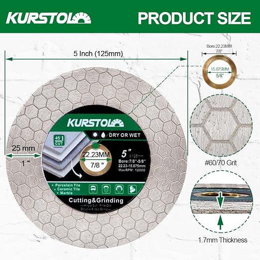 Tile Diamond Saw Blade - 5PCS 5"/125mm Dual-Purpose Diamond Cutting Disc,Angel Grinder Blade Arbor 7/8"-5/8" for Cutting and Grinding Ceramic Tiles,Porcelain,Granite,Marble