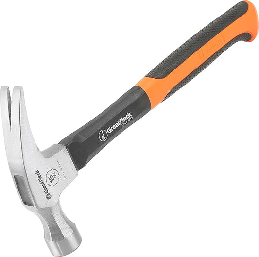 GreatNeck HG16S 16 Oz. Fiberglass Straight Claw Hammer, Carpenter & Contractor Tool for Framing, Building, & Ripping Nails, Durable Drop Forged Steel Hammer