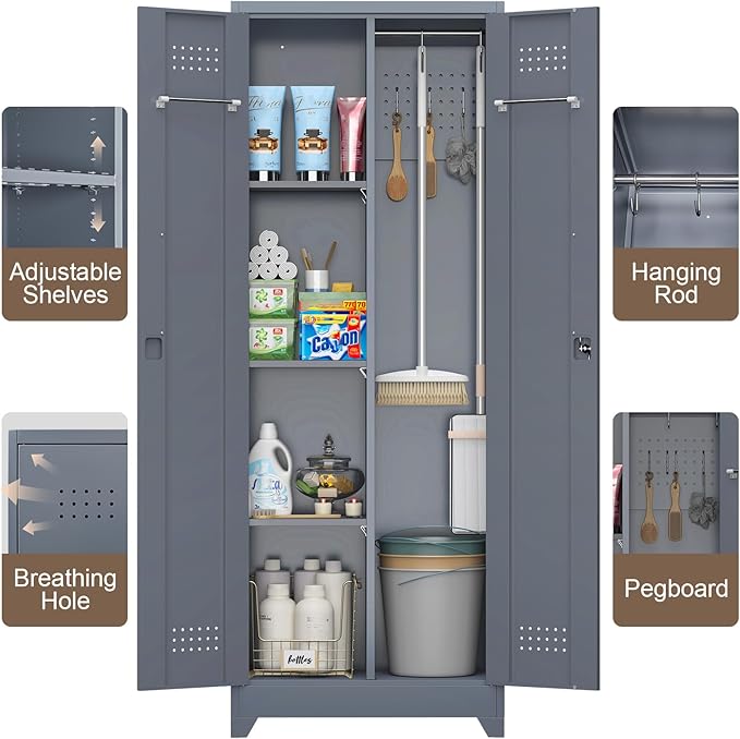 GREATMEET 65" Garage Storage Cabinet, Broom Closet Storage Cabinet, Metal Cabinets with Doors and Shelves, Utility Closet for Brooms and Mops, Utility Cabinets for Storage, Grey
