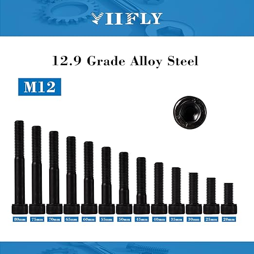 YIIFLY M12-1.75 x 50mm Socket Head Cap Screws, M12x1.75 Bolt, 12.9 Grade Alloy Steel, Allen Socket Drive, Black Oxide Finish, Full Thread, Quantity 6,
