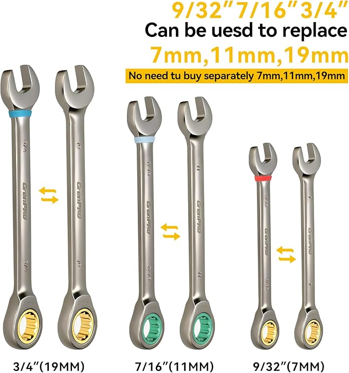 GRENPRO Ratcheting Wrench Set, Combination Wrench Set Metric And Standard & SAE With Color Ring, 1/4" to 3/4" & 6-18mm, 23PC Open End Ratchet Wrenches With Roll Up Pouch, CRV Socket Mechanic Tool Sets