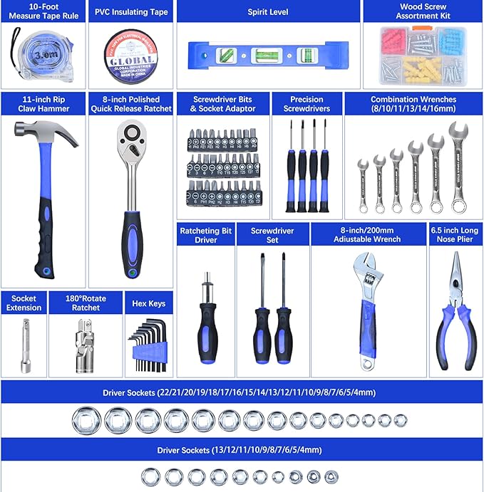 jar-owl Home Tool Kit Tool Set 146 Pieces Metric Household Hand Tool Kit竊똀uto Repair Tool Set with Portable Toolbox for Homeowner, Diyer, Handyman