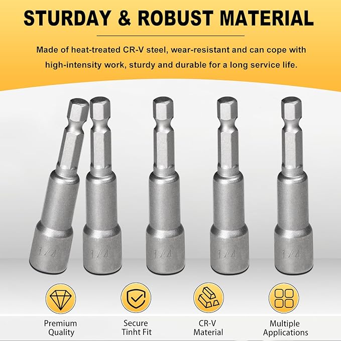 Auniwaig Magnetic Nut Setter Driver Drill Bit Set 1/4" Hex Shank to 1/4" Hex Socket Power Nut Driver Bits, 65mm Long, 10pcs