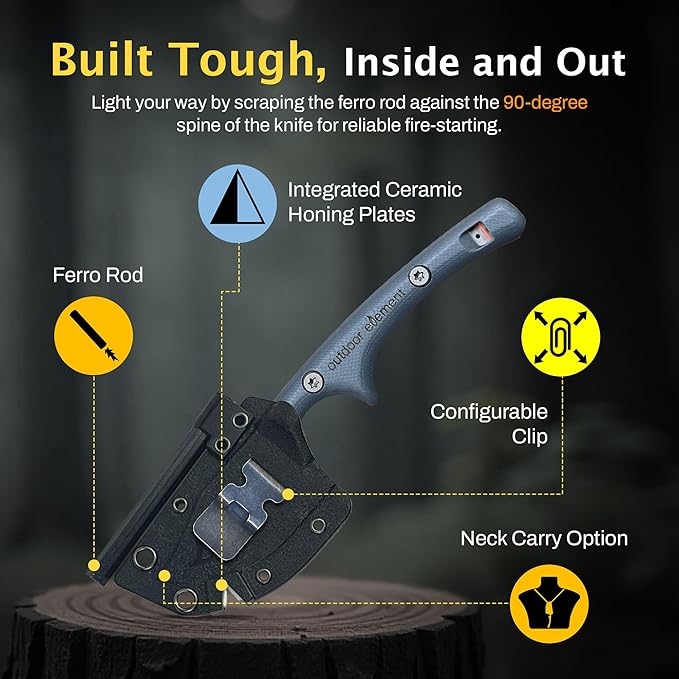 OUTDOOR ELEMENT Contour Feather Survival and Culinary Knives ??VG10 Steel Fixed Blade with Fire Starter, Hex Driver, Knife Sharpener, Sheath & Built in Whistle - Built For Camping & Outdoor Adventure