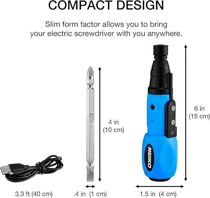 NEIKO 10577A Cordless Power Screwdriver | 1/4??Hex Auto-Lock Safety Chuck | Includes Phillips and Flathead Bit | USB Rechargeable Lithium-Ion Technology | Auto and Manual Mode