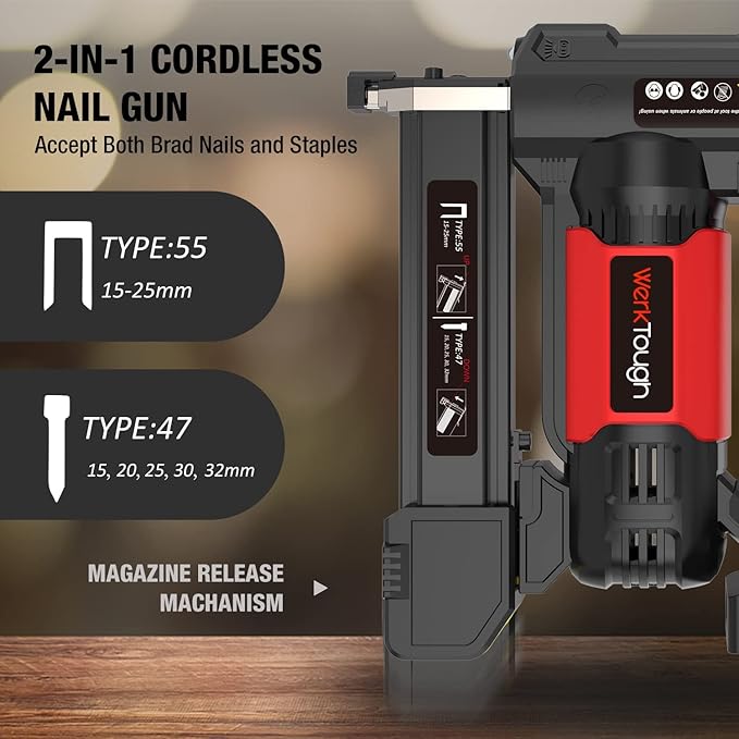 20v Cordless Staple Gun Brad Nailer 2 in 1 Aluminum Metal magzine 1 Hour Fast Charger 2000mA Lithium Battery 2000pcs Free Staples(90 4/5??000+18GA 1?쓝1000) in Tool Case
