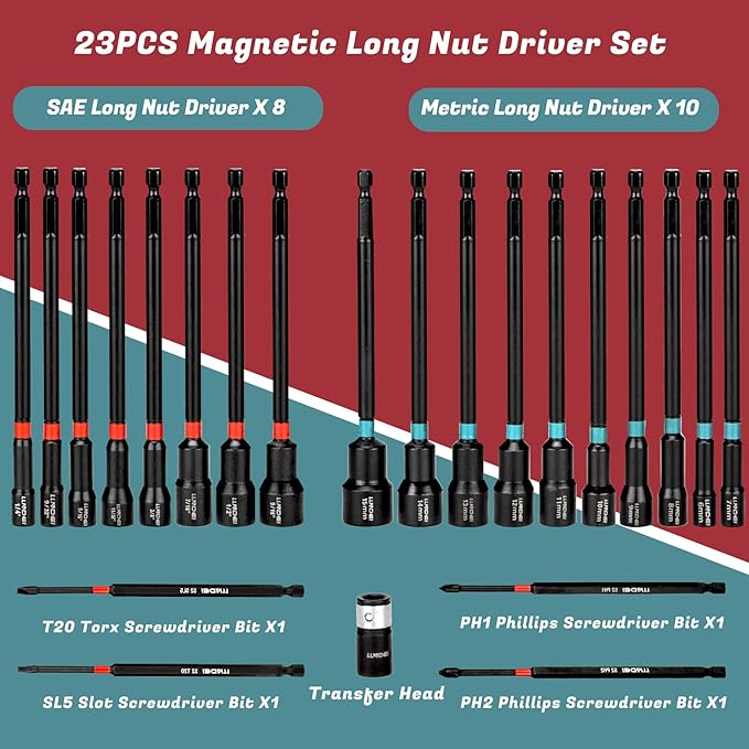 LLNDEI 23PCS Magnetic Nut Driver Set | Full Size 6-Inch Long Nut Driver Set | Metric 6-15mm, SAE 1/4"-9/16" | 1/4" Hex Shank | Long Power Bits, PH1, PH2, SL5, T20 | Cr-V Steel