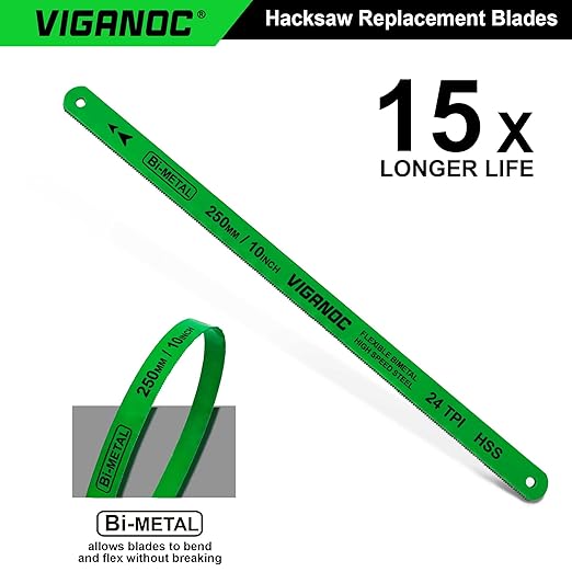 10" (250mm) Hacksaw Replacement Blades, Bi-Metal High Speed Steel Hack Saw Blades - 24TPI HSS Saw Blades, 10 Pack