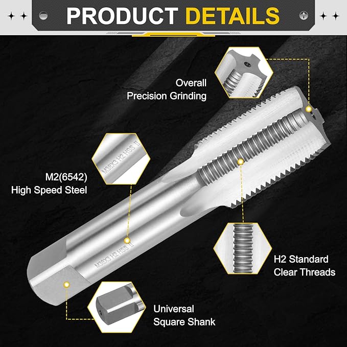 uxcell Hand Plug Tap M38 x 3 H2 Metric Thread Plug Style Taps Straight Flute Screw Tapping Threading Tool High Speed Steel HSS6542