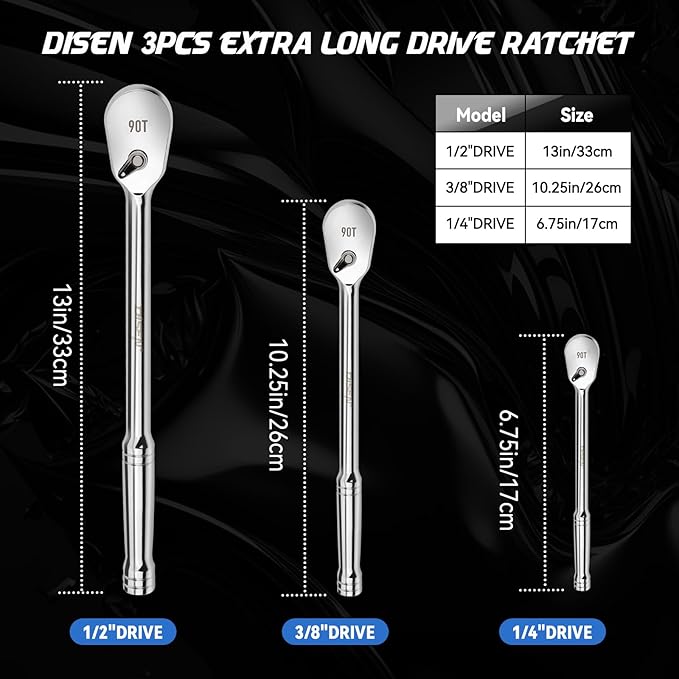 DISEN 3PCS Long Drive Ratchet Handle,1/2'',1/4'',3/8'' 90 Tooth Ratchet Wrench with Dust Proof Teardrop Enclosed Head, Reversible, CR-V Steel Made, CR-MO Head, Full Polished, Gifts for Men