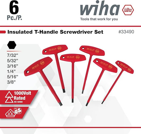 Wiha 33490 T-Handle Hex Driver Set, Inch, 1000 Volt, 6 Piece