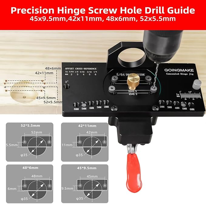 GOINGMAKE Metal Concealed Hinge Jig with Quick Clamp and Dust Vacuum Adapter Concealed Door Hinge Jig 35mm Cabinet Hinge Jig Hinge Hole Drilling Jig for Woodworking Door Cabinet Hinges Mounting Tool