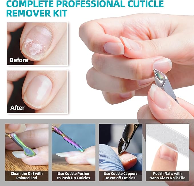 Cuticle Trimmer with Cuticle Pusher, RONAVO Cuticle Remover Stainless Steel Professional Cuticle Nipper, Durable Pedicure Manicure Tools (Polish Multi-color)