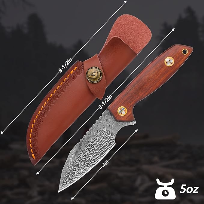 FLISSA 8-1/2 Inch Damascus Steel Hunting Knife, Fixed Blade Knife with Leather Sheath, Full-Tang Construction Survival Knife for Camping, Hiking and Outdoor Adventures, Rosewood Handle, Great Gifts for Husband, Wife, Mom and Dad