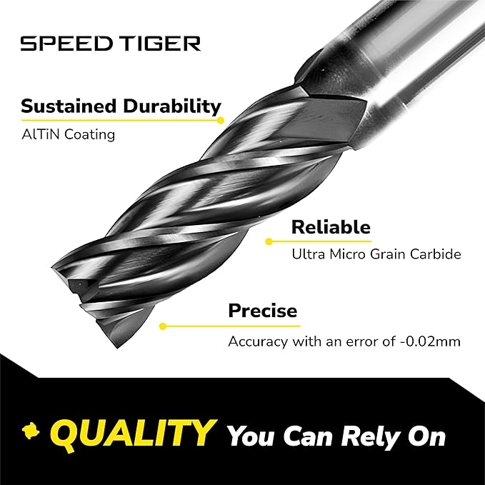 SPEED TIGER EISE 1/16" Carbide Square End Mill - 4 Flutes Milling Bits Set for Alloy Steels, Hardened Steels, Aluminum, Copper, Cast Iron, HRC 50 Deg AlTiN Coating, CNC Router Bits (5pcs)