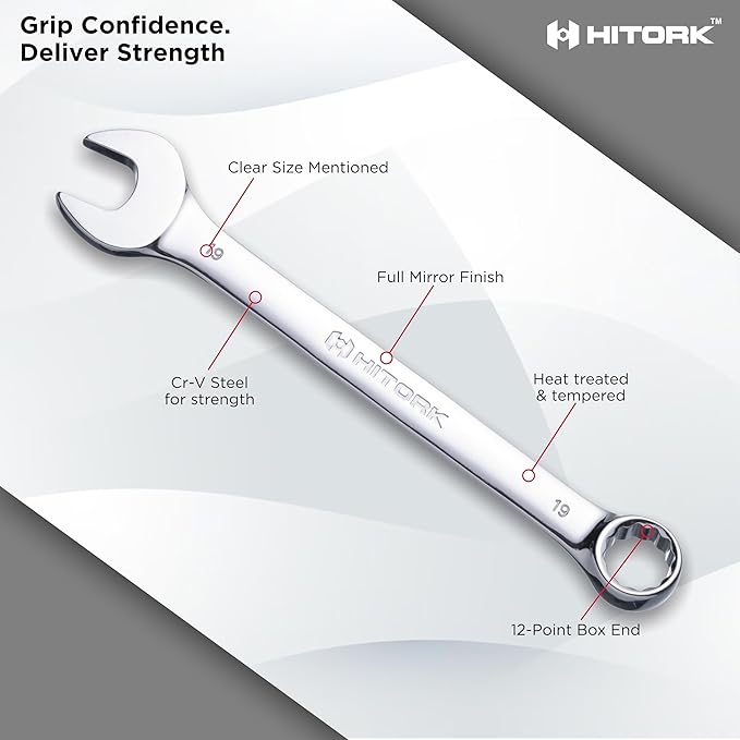 HITORK 19 Piece Metric Combination Wrench Set (6??4mm) Cr-V Steel Mirror Chrome Finish 12-Point Box End, 15째 Offset, Roll-Up Pouch ??Durable Open End Wrench Set for Home, Garage & Auto Repair