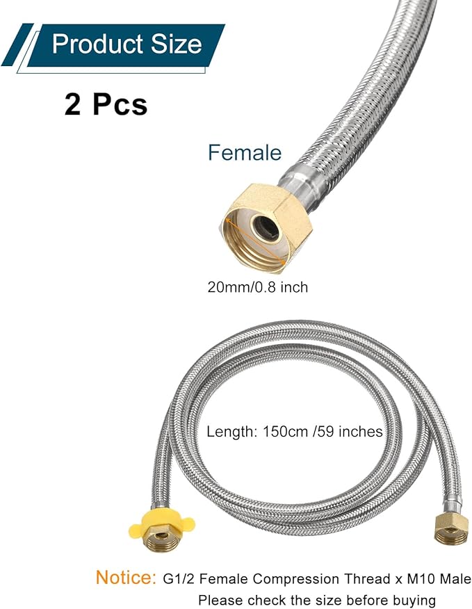 uxcell 2Pcs 59" Faucet Supply Lines Connector Stainless Steel Braided Long Faucet Connector G1/2 Female Compression Thread x G1/2 Female Straight Thread for Kitchen Sink Bathroom (Silver)