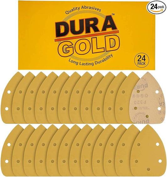 Dura-Gold Premium Mouse Detail Sander Sandpaper Sanding Sheets - 320 Grit (Box of 24) - 5 Hole Pattern Hook & Loop Triangle Mouse Discs - Woodworking Wood, Furniture Crafting, Sand Automotive Paint