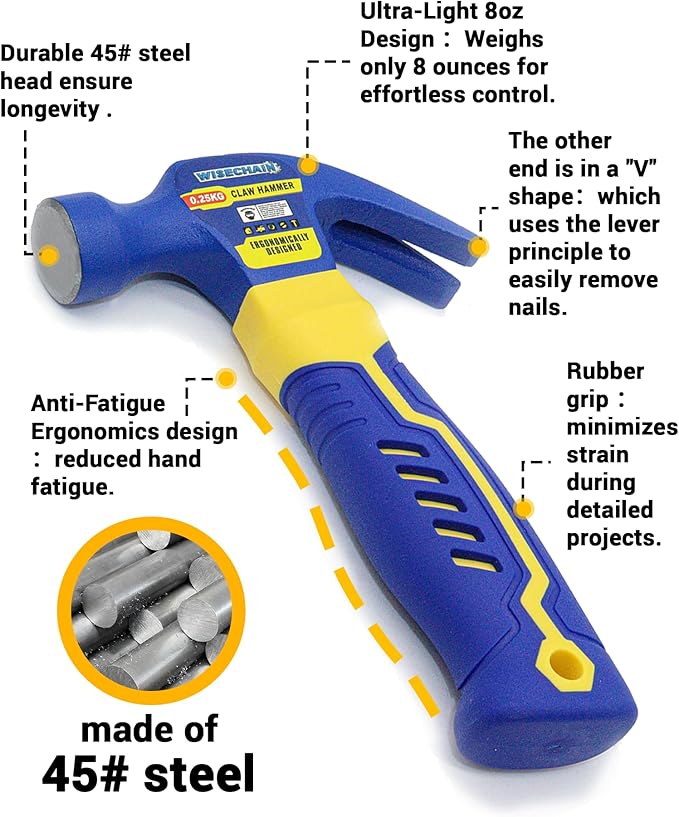 8 oz Professional Small Claw Hammer 45# Steel – Anti-Slip Grip & Nail Starter