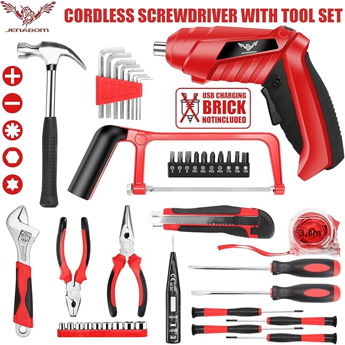 Electric Screwdriver Cordless Rechargeable Small Power Drill Set, Tool kit with drill, Home Tool Kits for Homeowner, Diyer, Handyman