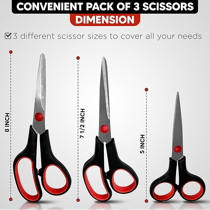 3-pack All Purpose Scissors 3 Sizes Ultra Sharp SS Blades Comfort Non-Slip Ergonomic Handle Great as Office Gifts, Home, Kitchen Shears, School, Sewing Fabrics, Crafts, And Multipurpose