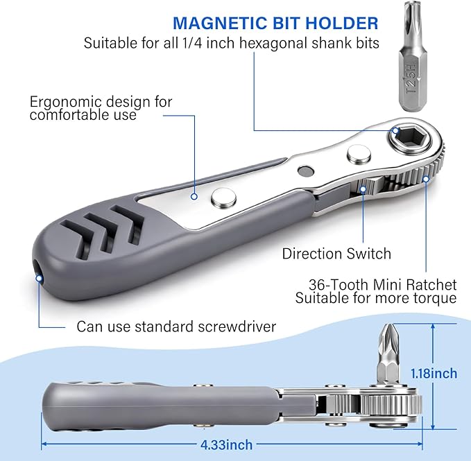 24in1 Right Angle Screwdriver, 36-Tooth Magnetic Ratchet Wrench, Low Profile Offset Tool for Tight Spaces, Ideal Gift for Men Dad Husband, Electronics and Car Repair Kit