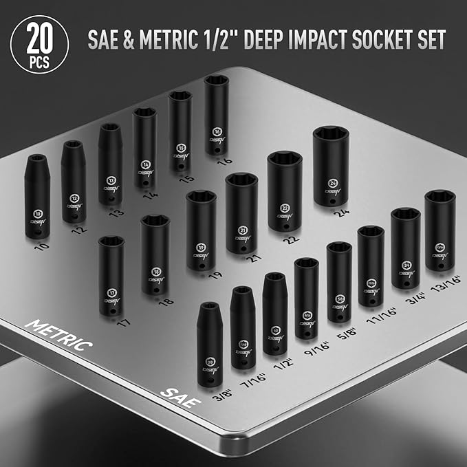 DISEN 20PCS 1/2" Impact Socket Set, Deep Sockets SAE 13/16"-3/8" & Metric 10-24mm, 6-Point Cr-V & Alloy Steel, 1/2 Inches Drive Impact Socket Set,Rugged Construction, Enhanced Storage Case