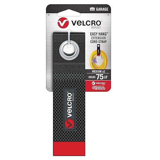 Velcro Brand Heavy Duty Extension Cord Holder Organizer | Holds 75 Pounds, Storage Straps Hang Easily on Hooks or Nails | Perfect for Garage Organization | 2pk, Size Med 14in, Black