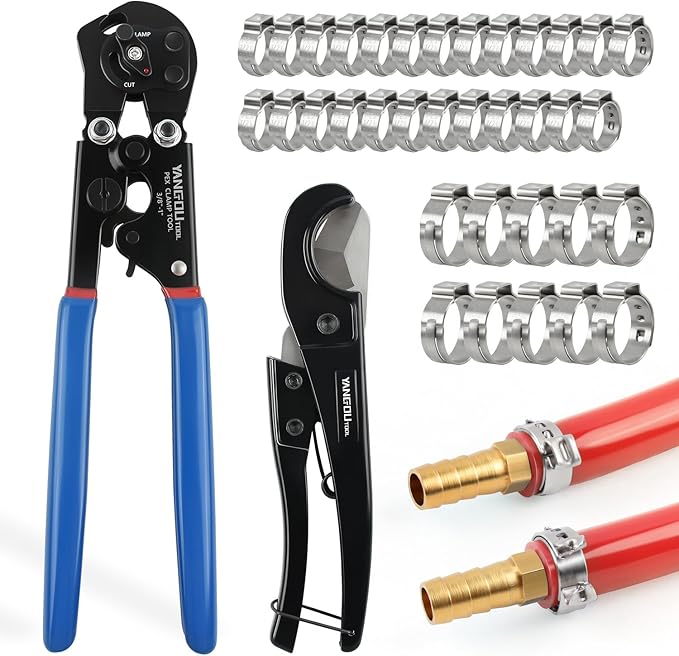 2 IN 1 Ratchet PEX Crimping Tool Kit - Cinch and Remove Dual Function Suitable for 3/8" to 1" Stainless Steel Clamps with Pex Cutter and Stainless Steel Pex Clamps 1/2" 25PCS, 3/4" 10PCS
