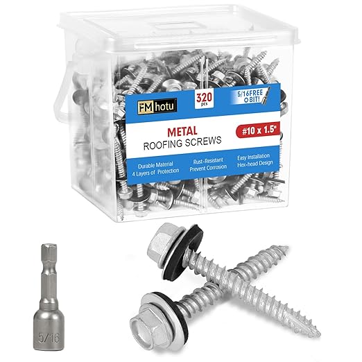 Metal Roofing Screws #10×1-1/2Inch, 320-PCS, Hex Head Rustpert Coating Sheet Metal to Wood Siding Screw with EPDM Rubber Washer, Sharp Point, Hex Socket Included