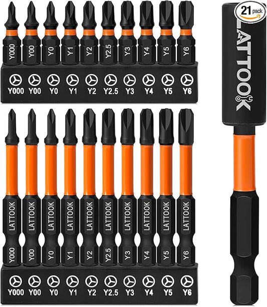 Impact TriWing Bit Set, LATTOOK 21-Pieces Triwing Screwdriver Bits Set 3 Point Y-Shaped Y Tip Screwdriver Bit, Magnetic S2 Steel, Y000, Y00, Y0, Y1, Y2, Y2.5, Y3, Y4, Y5, Y6