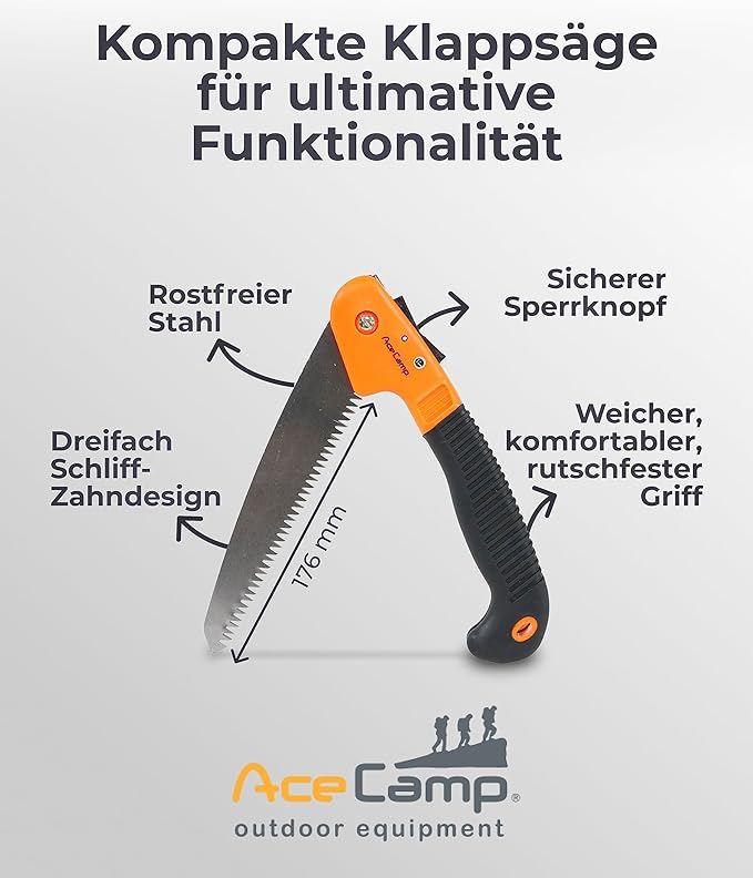 AceCamp 8 Inch Folding Hand Saw for Camping, Trees, Pruning, Hunting, Woodworking, Hiking, Trimming, Drywall, PVC, Portable and Foldable Wood Saw with Non-Slip Grip