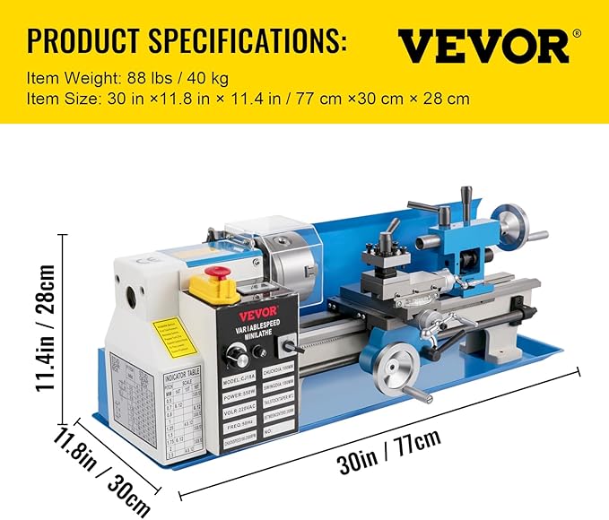 VEVOR Metal Lathe, Upgraded Digital Display 7"x14" Benchtop Metal Lathe 550W Variable Speed 2250RPM with 3-jaw Chuck CNC Mini Lathe Machine Precision Mini Lathe Tool Box for Metal Turning