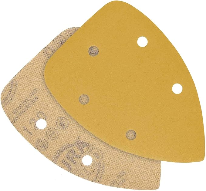 Dura-Gold Premium Mouse Detail Sander Sandpaper Sanding Sheets - 120 Grit (Box of 24) - 5 Hole Pattern Hook & Loop Triangle Mouse Discs - Woodworking Wood, Furniture Crafting, Sand Automotive Paint