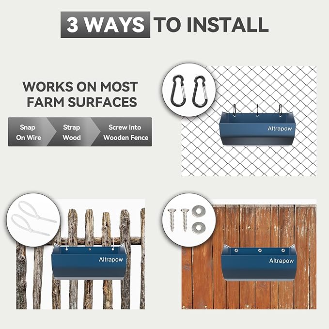 4.5 Quart Hanging Goat Feeder [Material of Metal] with Clips and Nylon Tie Wraps, Fence Feeder [Sturdy and Durable] for Goat, Pig and Dog, Blue, 2 Pack