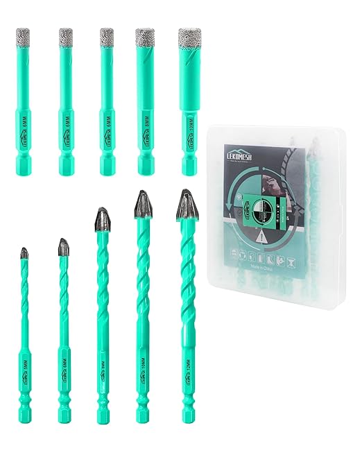 10PCS Nine Blades Serrated Carbide Masonry Drill Bit Set - 3 x 1/4",5/16",3/8" Tile Bits & 3/16",1/4",5/16",3/8",1/2" Wood Drill Bits for Wood Plastic Masonry Brick Tile Glass Concrete Marble