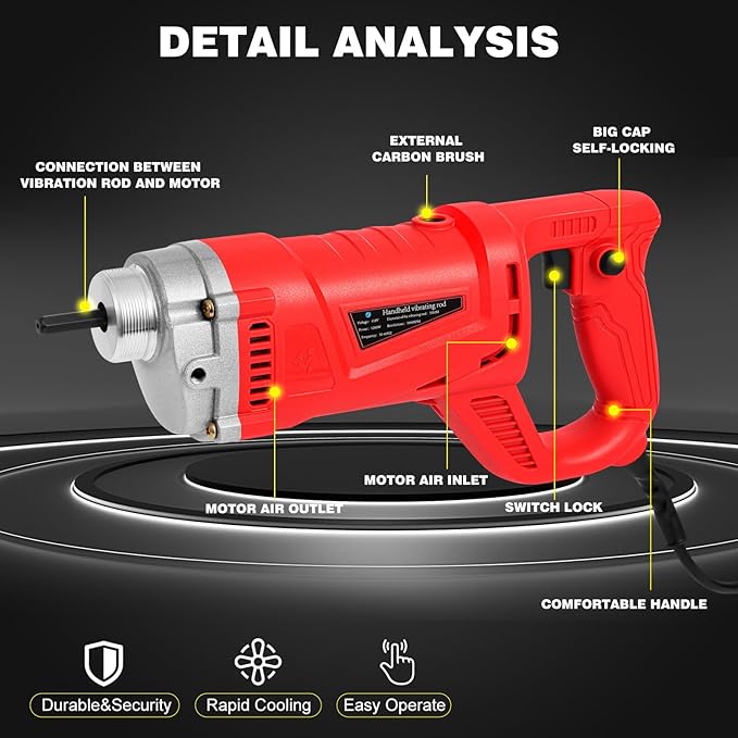Electric Vibrator Concrete Handheld,2HP 1500W Powerful Copper Motor Construction Insertion Cement Vibrator Remove Air Bubble,Mix Concrete with Flexible Shaft Long working area 6.6 ft(2m)