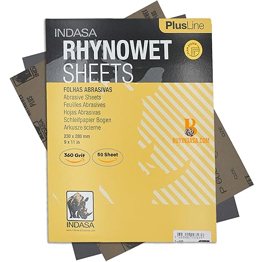 Indasa 50 PCS 9x11??Wet & Dry Sandpaper Sheets, 360 GRIT, Rhynowet Clog-Resistant Abrasive for Wood, Metal, Auto, Paint & Clear Coat Finishing, Sand Paper Aluminum Oxide, Plusline