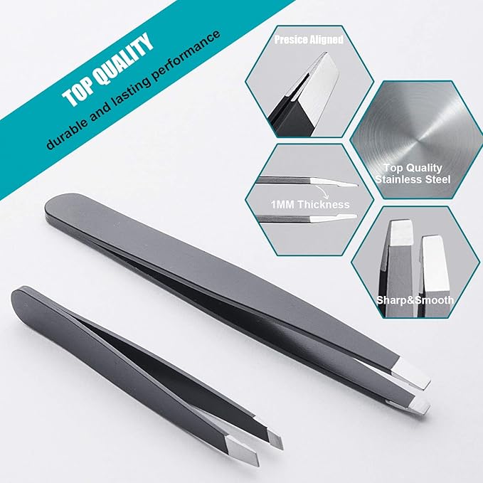 LePinko 2PCS Tweezers Set for Women and Men, Precision Tweezer kit for Ingrown hair, Facial Hairs, Chin Hair, and Splinter Removal, Professional Eyebrow Plucker Tweezers, Black