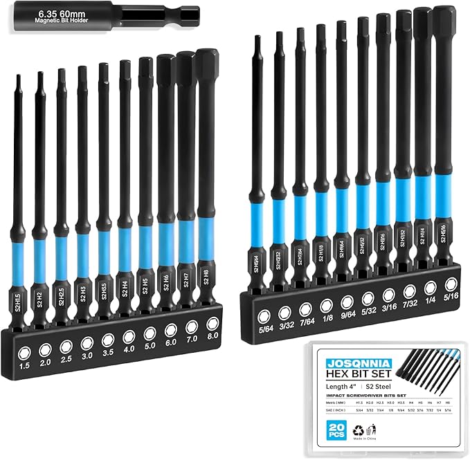 Allen Wrench Drill Bit Set 1/4" Hex Shank - 20PC Metric & SAE Impact Driver Bits, CNC S2 Steel Magnetic Tips with Extension & Case