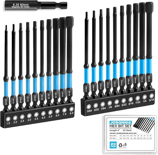Allen Wrench Drill Bit Set 1/4" Hex Shank - 20PC Metric & SAE Impact Driver Bits, CNC S2 Steel Magnetic Tips with Extension & Case
