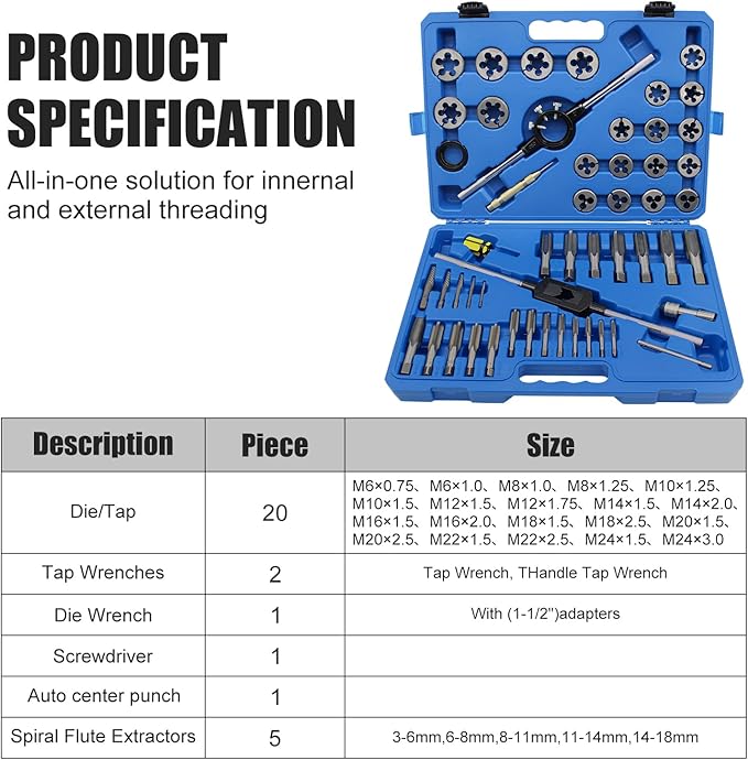 45pcs Large Metric Tap and Die Set, M6-M24 Thread Repair Kit with Rethreading Tools & Thread Chasers, External and Internal Thread Cutting & Repair Tool Kit, Complete Accessories and Storage Case