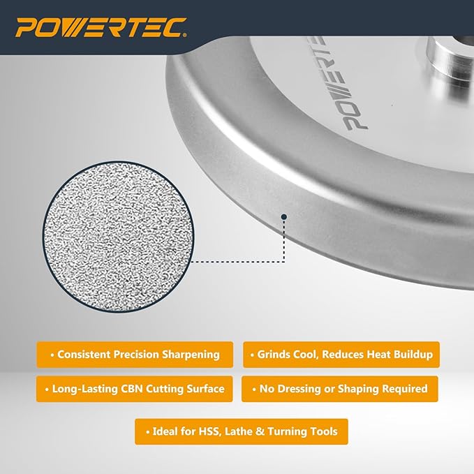 POWERTEC CBN Grinding Wheel 8 Inch 600 Grit, 1-1/4" Wide, 5/8" Arbor ??4-in-1 CBN Sharpening Wheel with 1/4" Radius Edge and Side Face for Bench Grinder (15706)