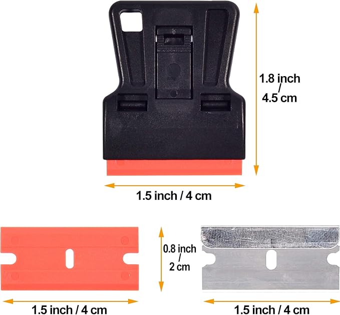 Portable 1.5inch Mini Metal Razor Scraper and Plastic Scraper with Blades, Putty Knife Set Removing Glue, Stain, Vinyl, Labels, Stickers, Decals, Pack of 2