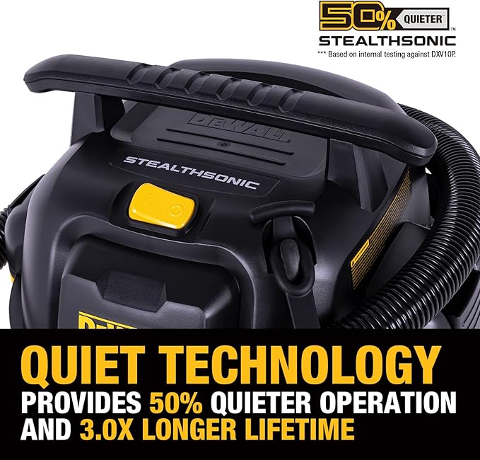DEWALT 10 Gallon Stealthsonic Wet/Dry Vacuum, 5 Peak HP Ultra-Quiet Shop Vac with Full Accessory Kit & 6 Bonus Dust Bags, 1-7/8 in. x 7 ft. Hose for Job Sites, Workshops & Garages