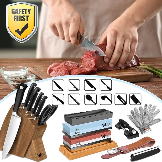 Knife Sharpening Stone Kit ??400/1000 3000/8000 Grit Wet Kitchen Whetstone Knife Sharpener Set with Non-slip Bamboo Rubber Base, Angle Guide, Flattening, Leather Strop and Cut Resistant Gloves