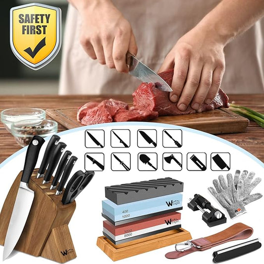 Knife Sharpening Stone Kit ??400/1000 3000/8000 Grit Wet Kitchen Whetstone Knife Sharpener Set with Non-slip Bamboo Rubber Base, Angle Guide, Flattening, Leather Strop and Cut Resistant Gloves
