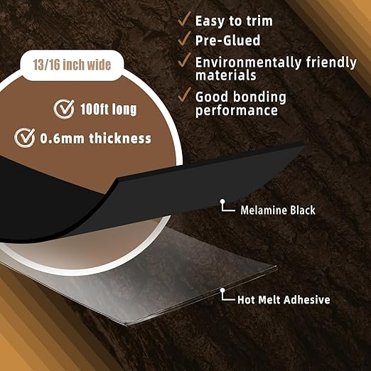 GSCIT Club Black Edge Banding, 13/16 inch x 100ft Melamine Edge Banding with Hot Melt Adhesive Pre-glued Edge Banding Flexible Edging Trim for Plywood Cabinet Furniture