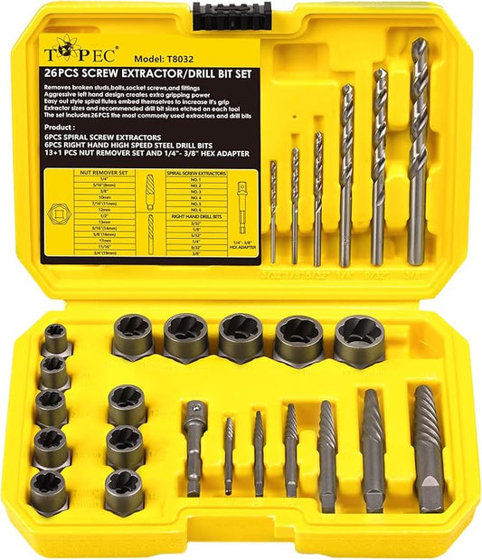 Topec 26Pcs Screw and Bolt Extractor Set, Easy Out Bolt Extractor Socket Set with Drill Bits, Stripped Screw Removal Tool for Broken, Damaged, Rounded Nuts